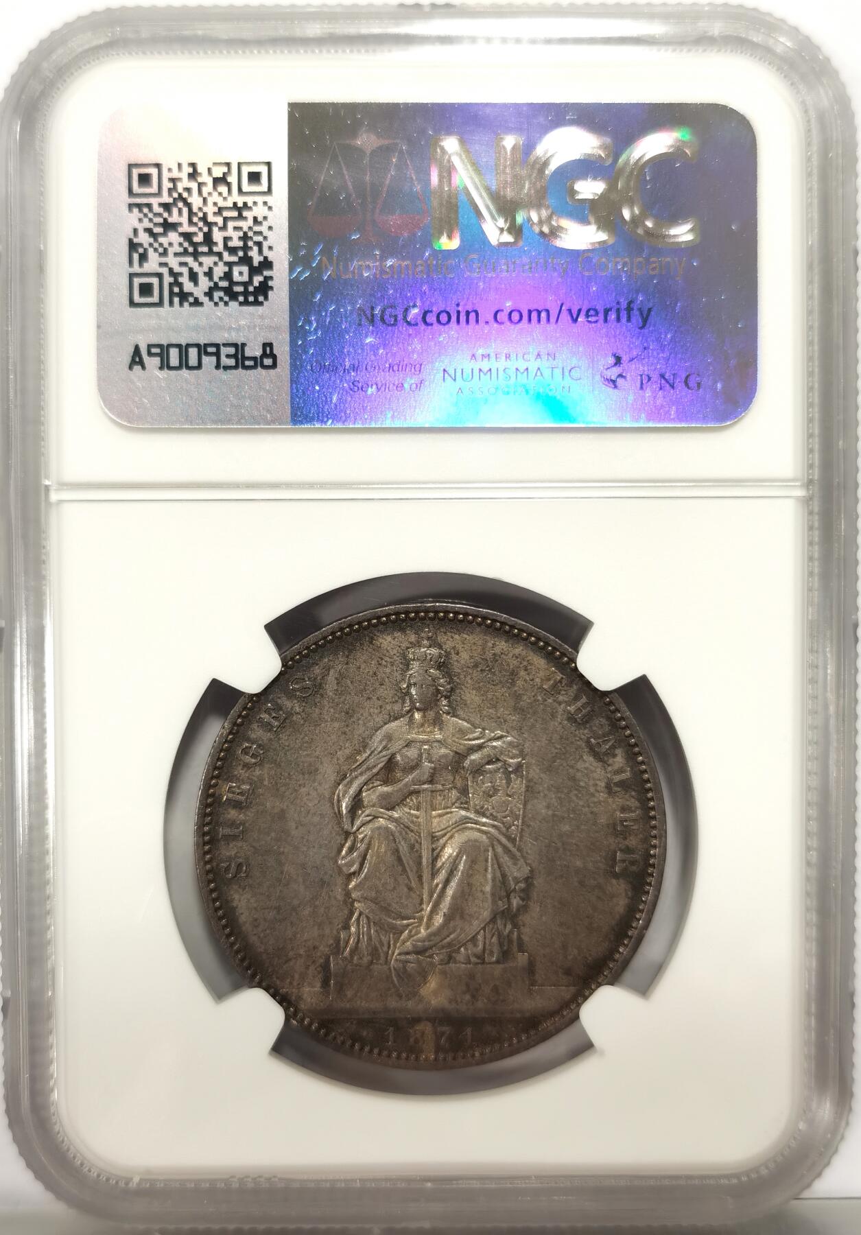 博洋堂世界钱币拍卖第139期（全场包邮） NGC AU50 德国普鲁士1871年威廉一世胜利泰勒，双面醇厚五彩带光，比白币好看太多，疑似低评