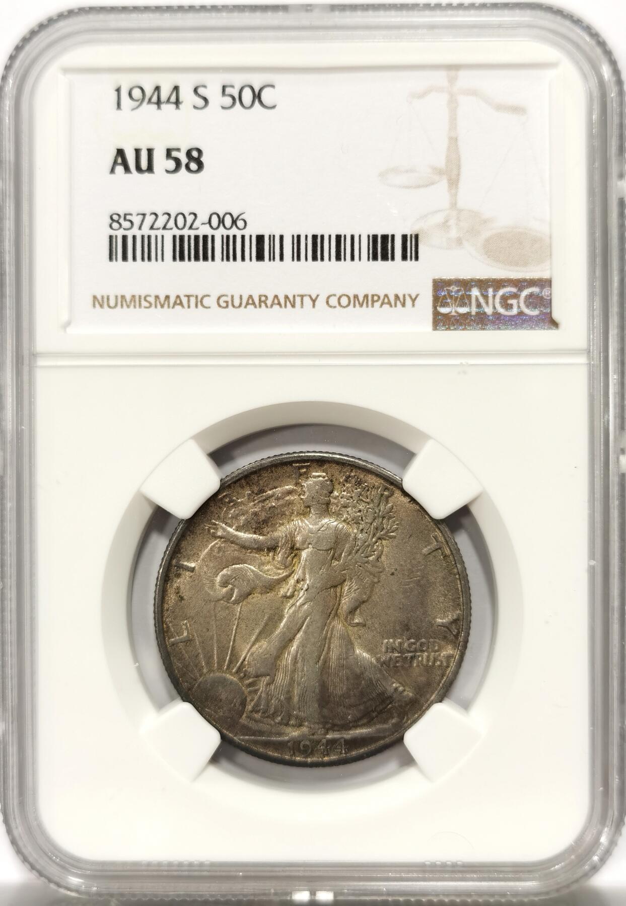 博洋堂世界钱币拍卖第139期（全场包邮） NGC AU58 美国1944年行走女神半美元银币，极美双面深彩，转光好品，状态不输MS级。