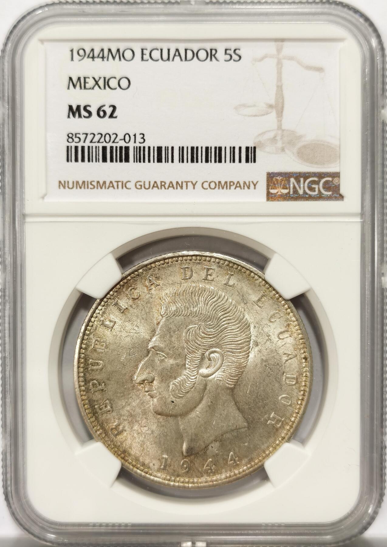 博洋堂世界钱币拍卖第139期（全场包邮） NGC MS62 厄瓜多尔1944年5苏克雷大银币，双面淡彩，转光好品，经典南美大银。