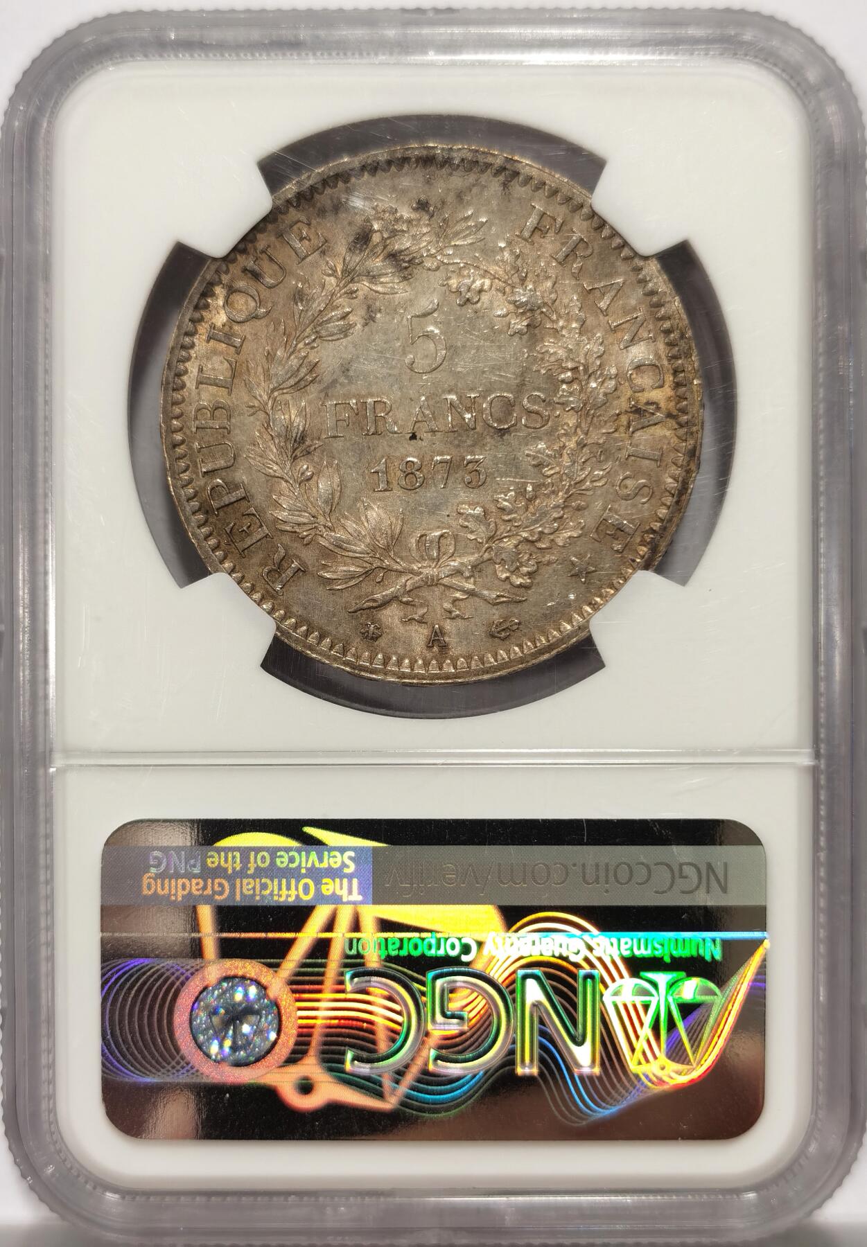 博洋堂世界钱币拍卖第139期（全场包邮） NGC UNCD 法国1873-A大力神5法郎银币 味道不错