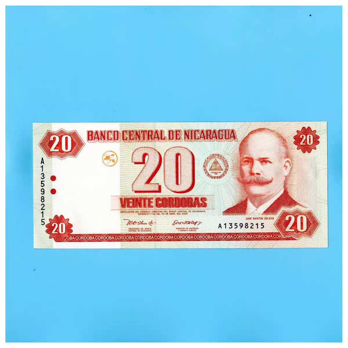 全新UNC 尼加拉瓜2002年20科巴多  P-192  何塞·桑托斯·塞拉亚