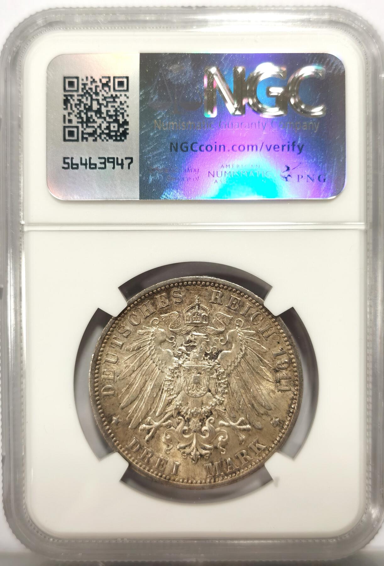 博洋堂世界钱币拍卖第139期（全场包邮） NGC MS64 德国1911年符腾堡银婚纪念3马克银币，五彩转光美品。