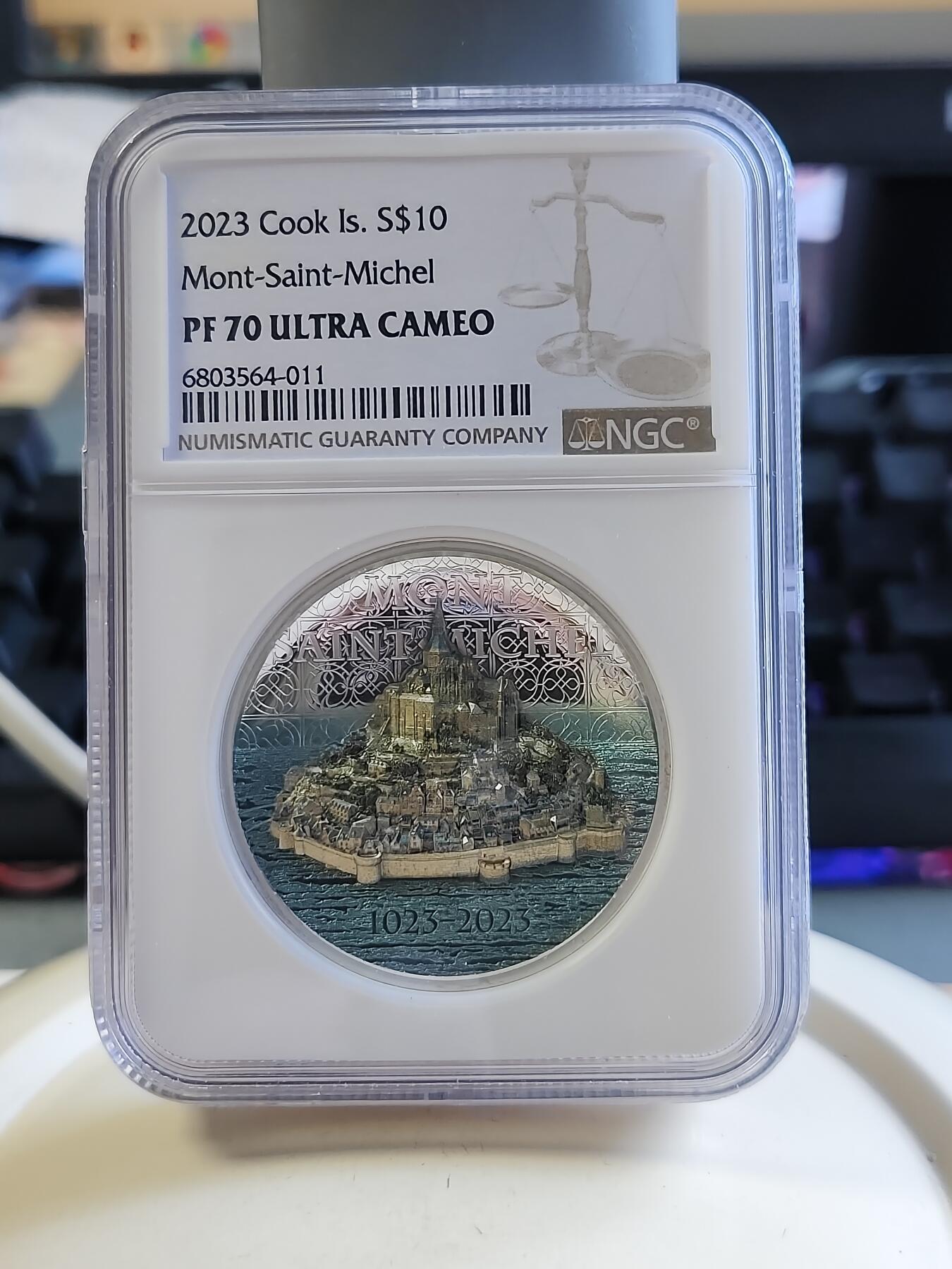第175期拍卖【长期征集拍品】 库克2023年圣米歇尔山2盎司高浮雕彩银币NGC-PF70无盒无证书，999银，发行500枚
