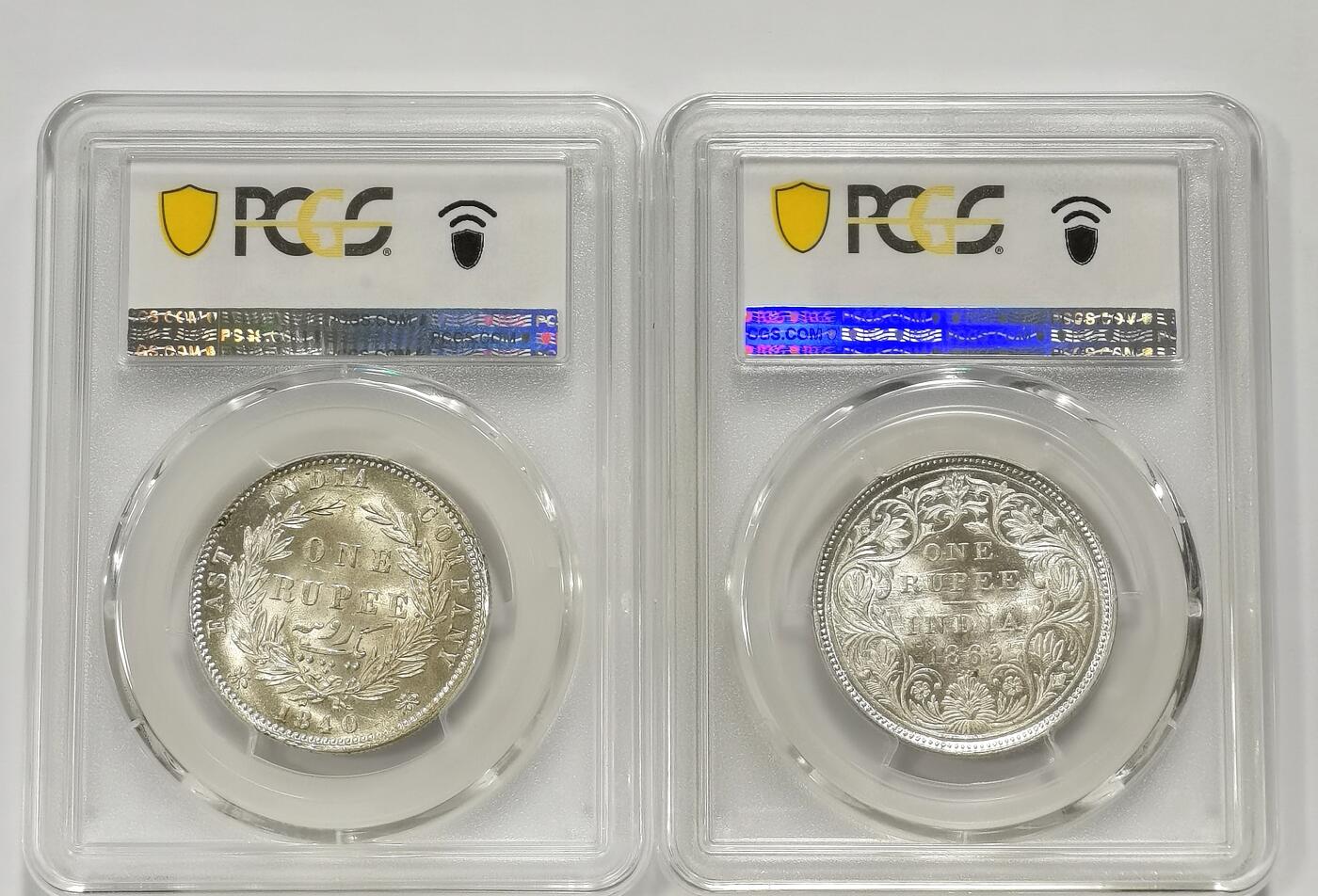 博洋堂世界钱币拍卖第139期（全场包邮） PCGS MS62 英属印度1840、1862年维多利亚1卢比银币2枚一对2