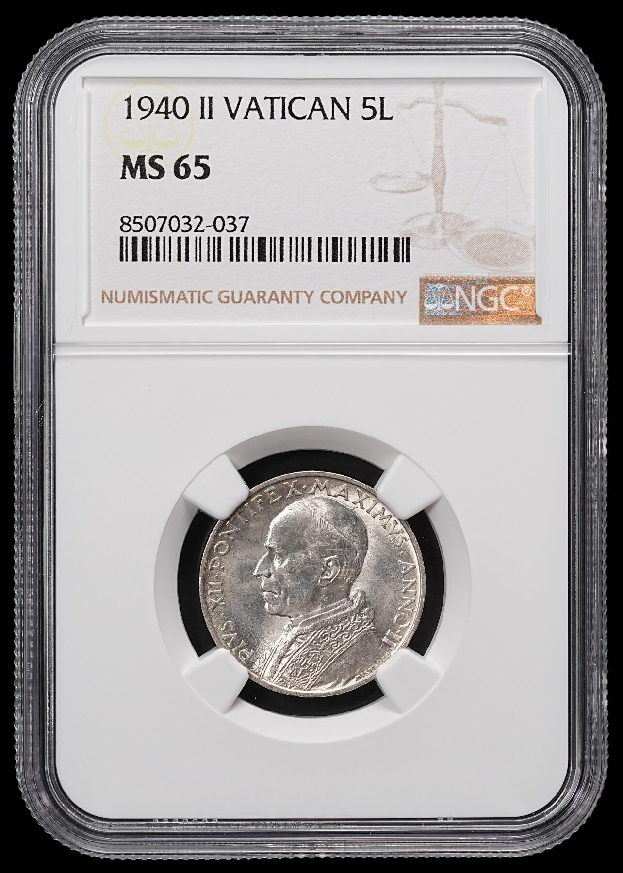 修遠堂世界钱币第八十四期 NGC MS65 1940梵蒂冈5里拉银币
