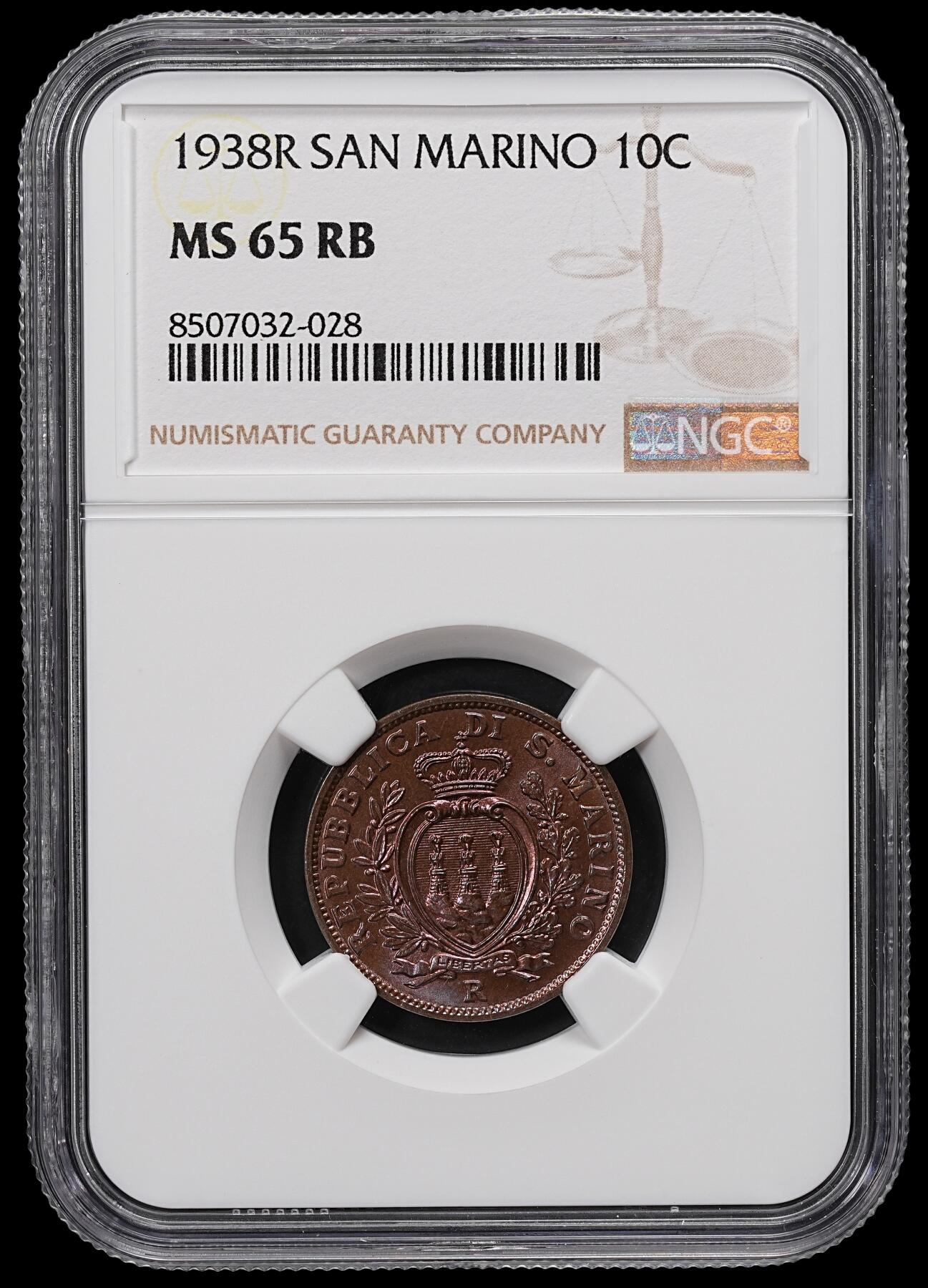 修遠堂世界钱币第八十四期 NGC MS65RB 1938年圣马力诺10分铜币