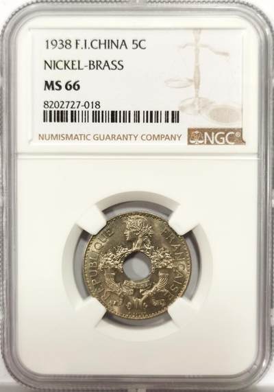 博洋堂世界钱币拍卖第139期（全场包邮） - NGC MS66 法属印支1938年中孔5分 NGC评级亚军分 更高分仅2枚