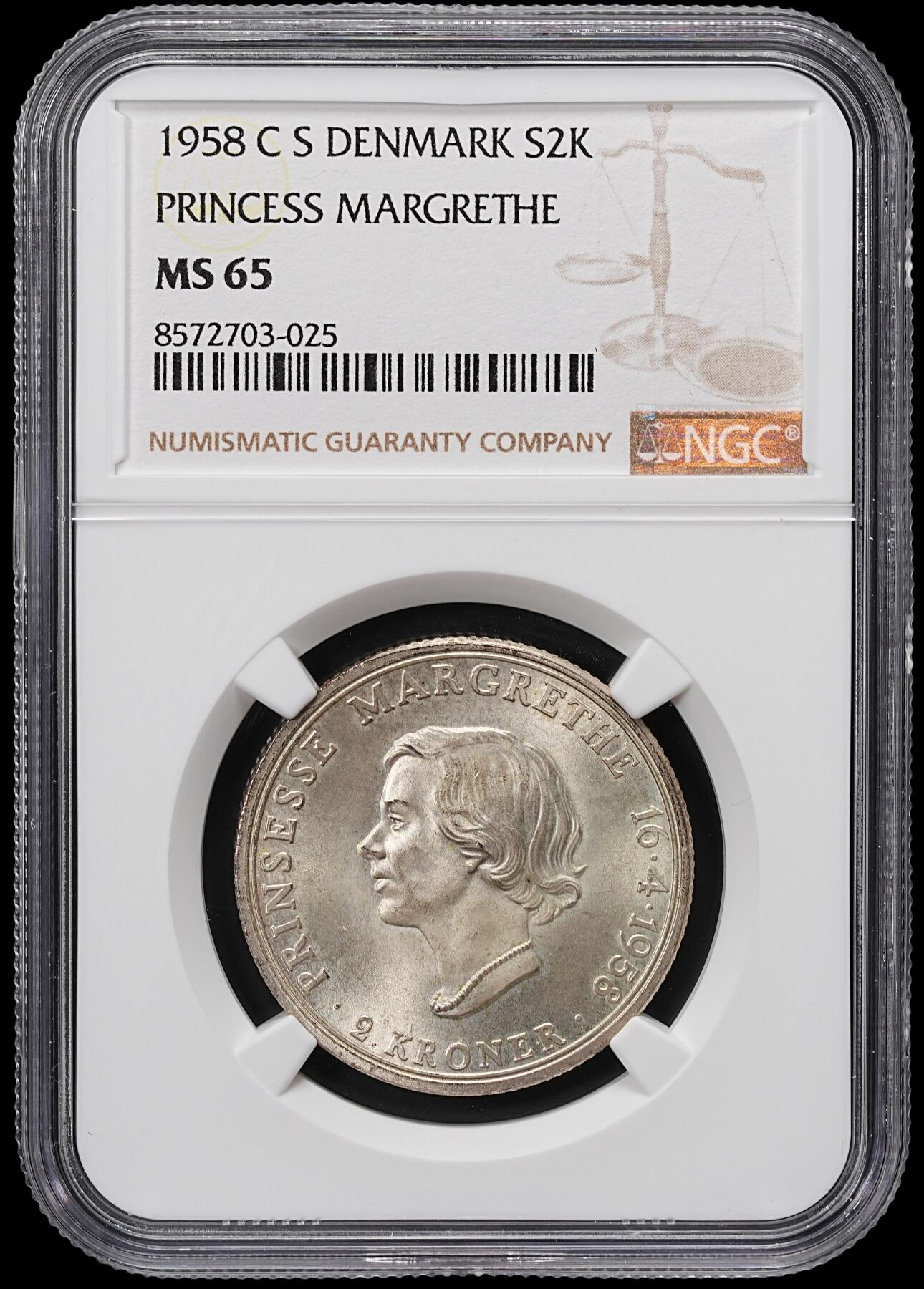 修遠堂世界钱币第八十四期 NGC MS65 1958年丹麦玛格丽特公主18周岁纪念2克朗银币