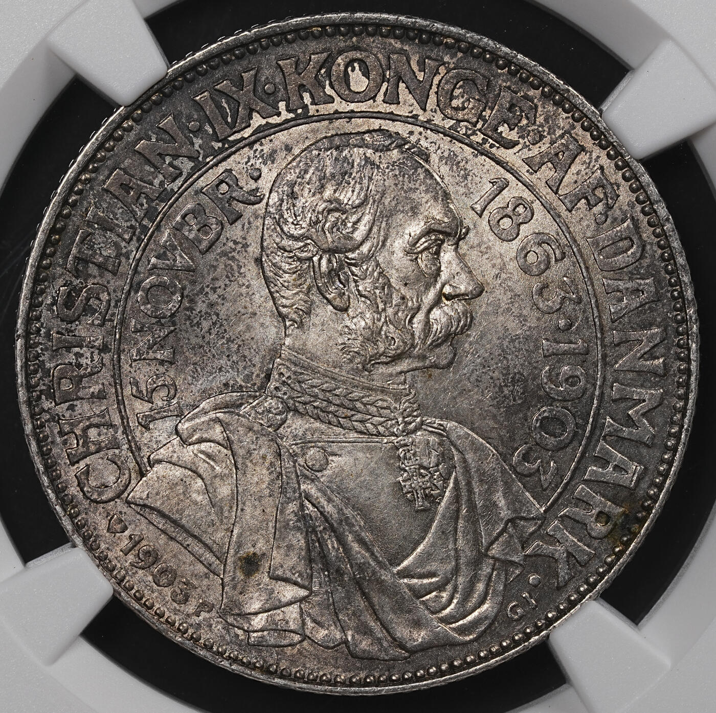 修遠堂世界钱币第八十四期 NGC MS64 1903年丹麦国王登基40周年纪念2克朗银币