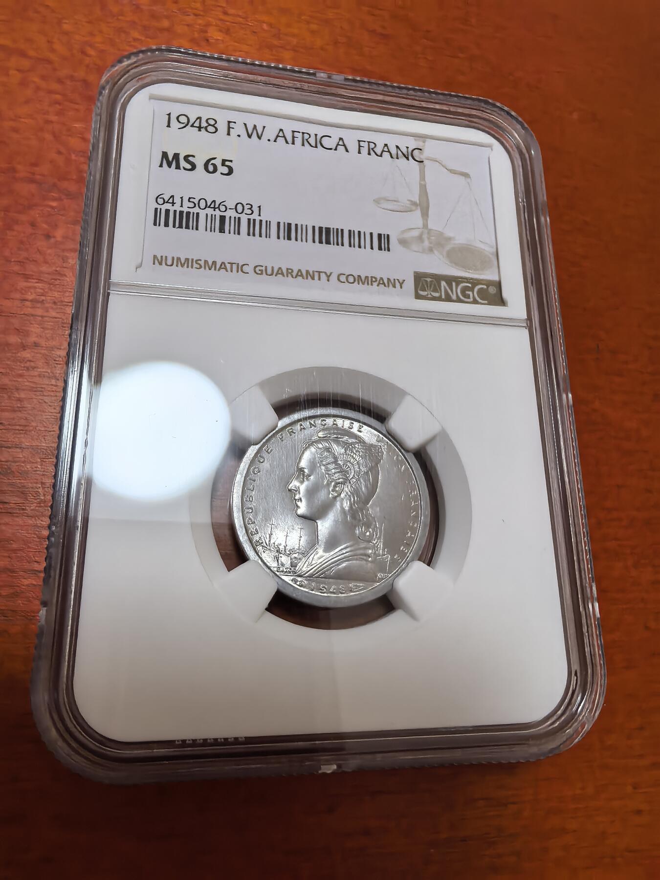 长老汇蛇年精选第四十四场拍卖 1948 法属西非1法郎铝币，NGC MS65，更高1枚