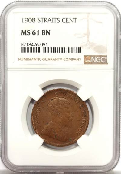 博洋堂世界钱币拍卖第139期（全场包邮） - NGC MS61BN 海峡殖民地1908年爱德华七世1分铜币