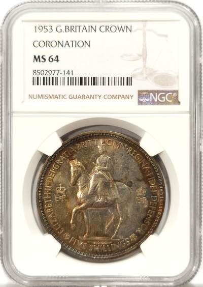 博洋堂世界钱币拍卖第139期（全场包邮） - NGC MS64 英国1953年伊丽莎白二世登基纪念克朗，带彩少见