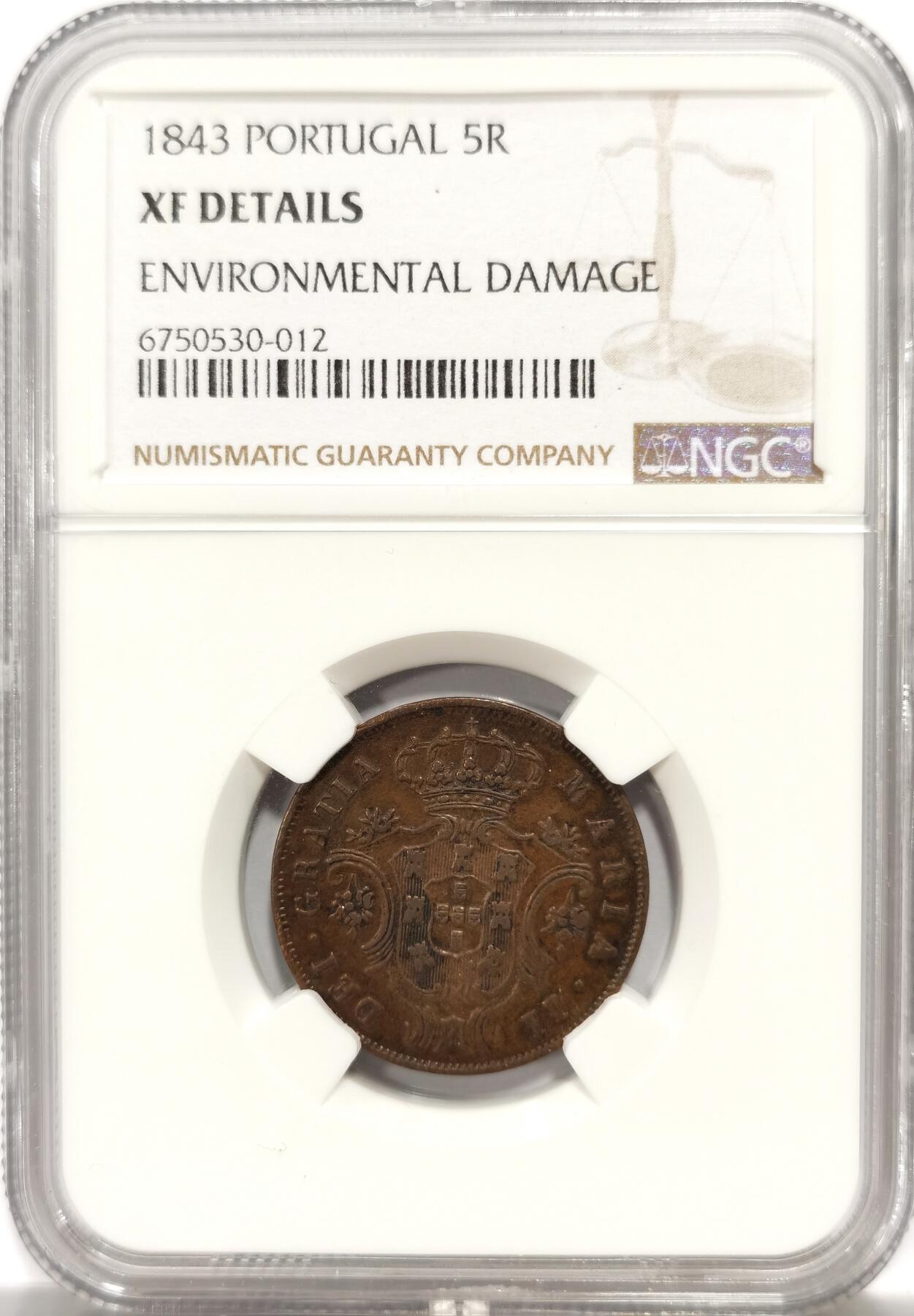 博洋堂世界钱币拍卖第139期（全场包邮） NGC XF 葡萄牙1843年5瑞斯铜币，稀见品种，麦稀奇未见成交