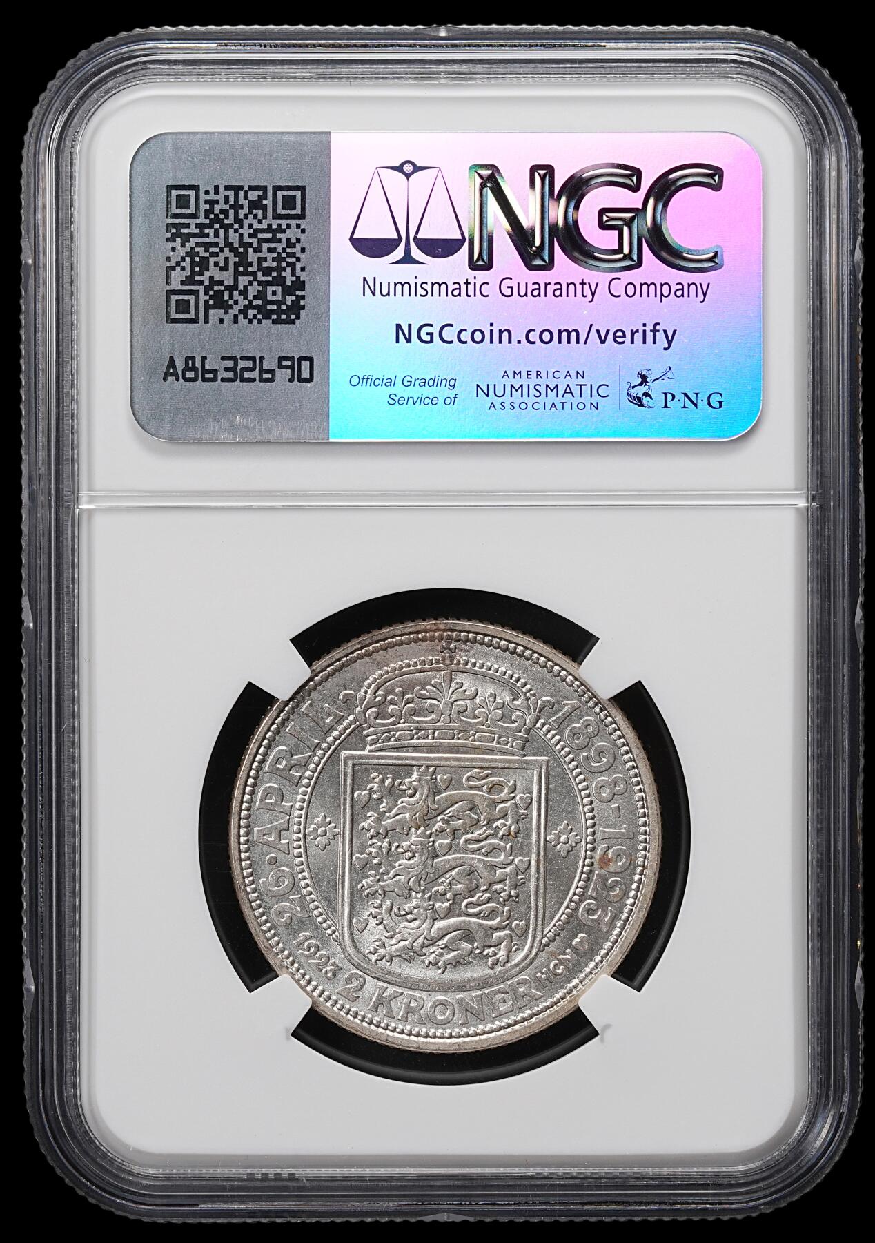 修遠堂世界钱币第八十四期 NGC MS65 1923年丹麦国王银婚纪念2克朗银币