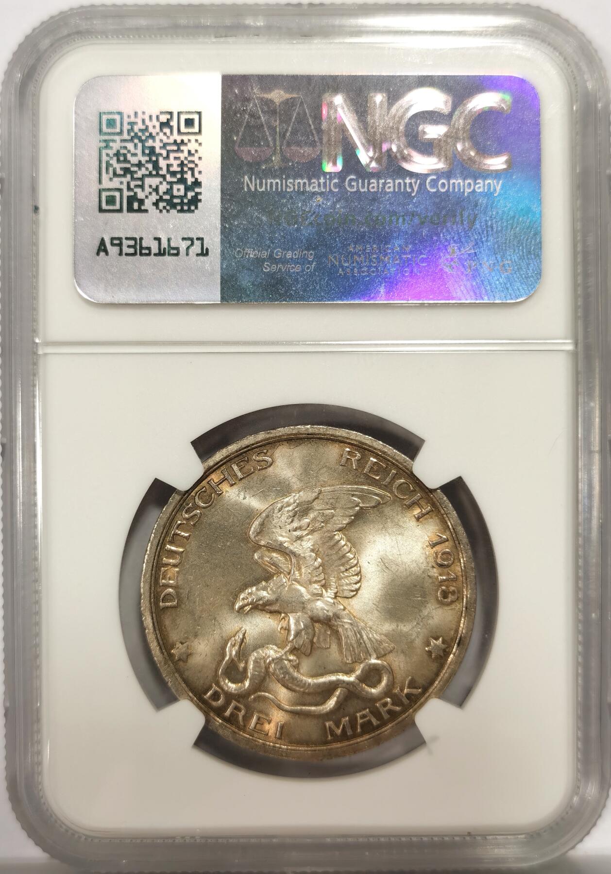 博洋堂世界钱币拍卖第139期（全场包邮） 德国普鲁士1913年击败拿破仑3马克纪念银币NGC-MS63原汁原味原光老包浆，包浆醇厚，状态极佳。