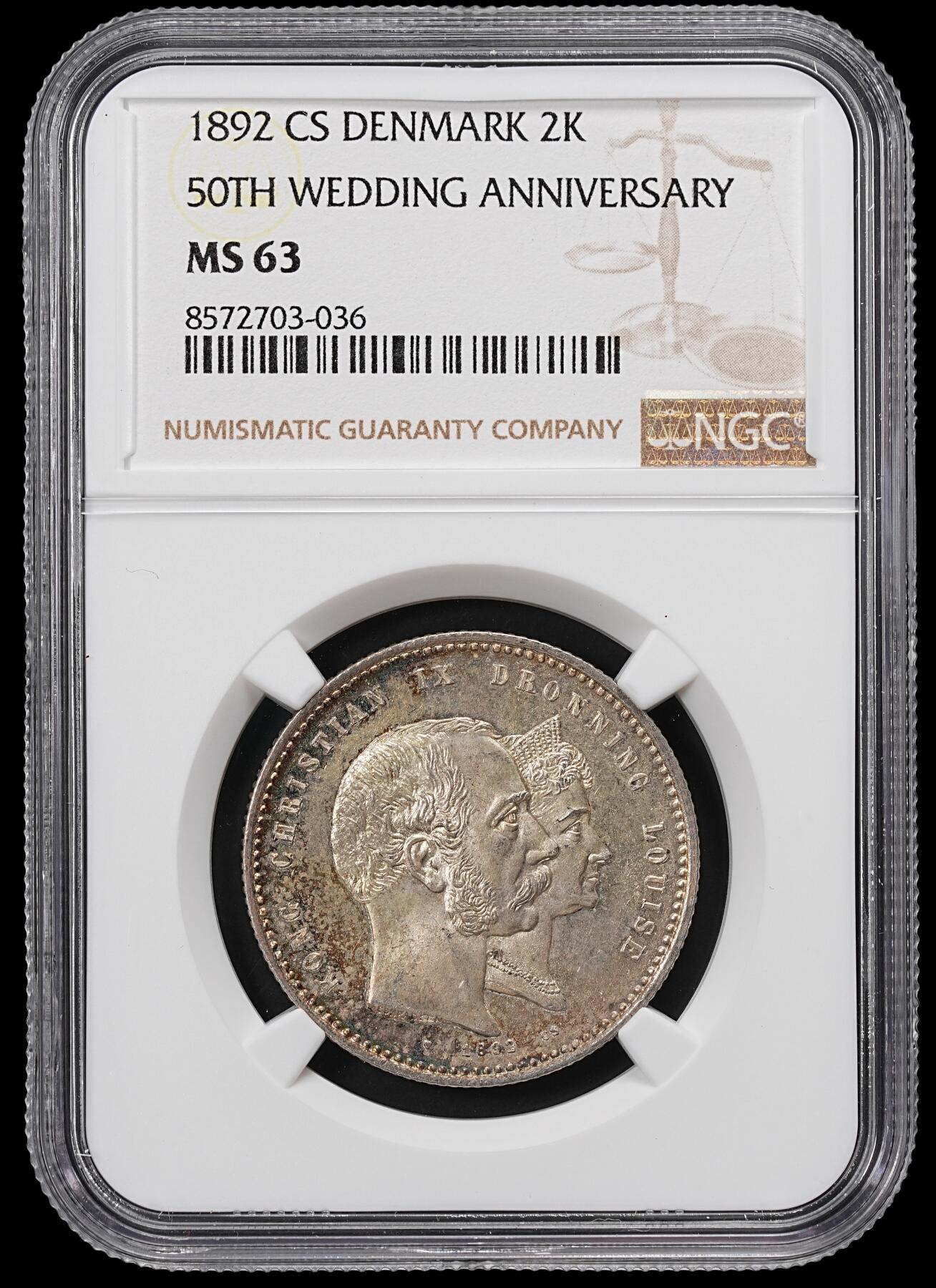 修遠堂世界钱币第八十四期 NGC MS63 1892年丹麦国王金婚纪念2克朗银币