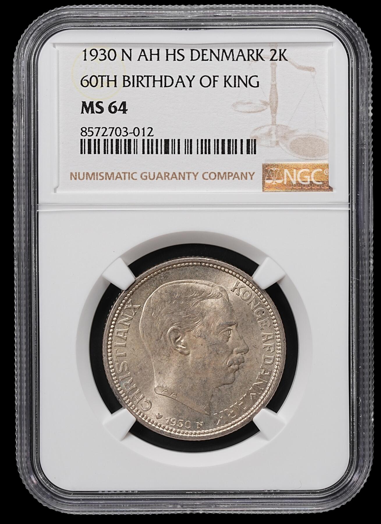 修遠堂世界钱币第八十四期 NGC MS64 1930年丹麦国王60大寿纪念2克朗银币