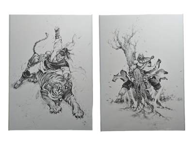 白泽拍卖卡牌手绘专场第24期（持续征集ING，白露暧秋色，月明清漏中） - 2024 香山文创 夏伟义复制画 武松打虎&鲁智深倒拔垂杨柳 A4