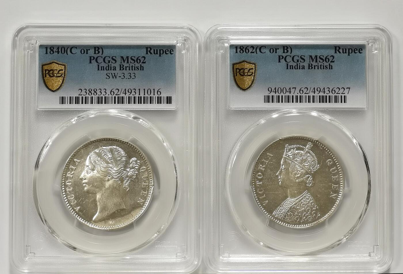 博洋堂世界钱币拍卖第139期（全场包邮） PCGS MS62 英属印度1840、1862年维多利亚1卢比银币2枚一对1