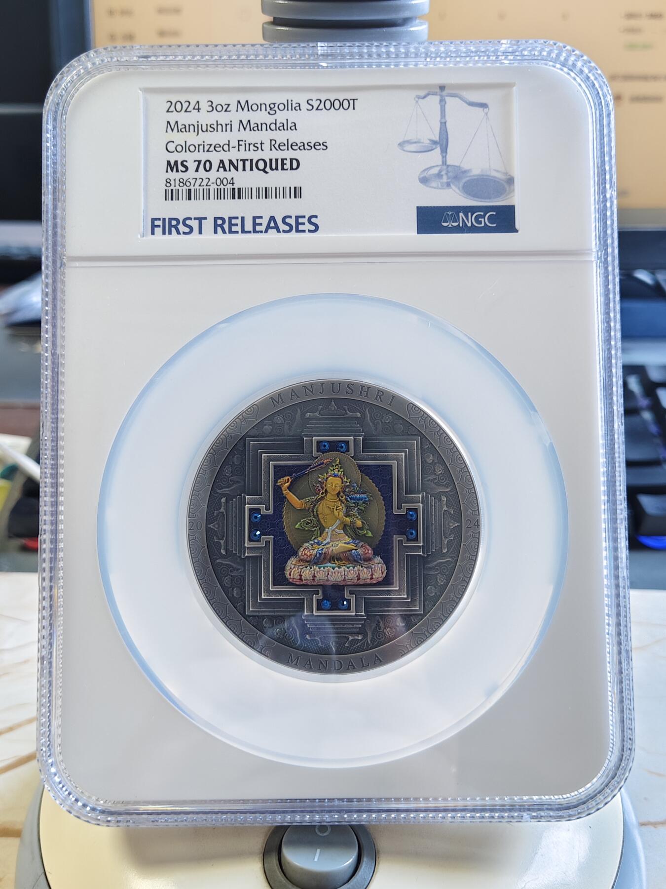 第175期拍卖【长期征集拍品】  蒙古2024年考檀城曼陀螺彩色银币NGC-MS70首无盒无证书，999银，发行111枚