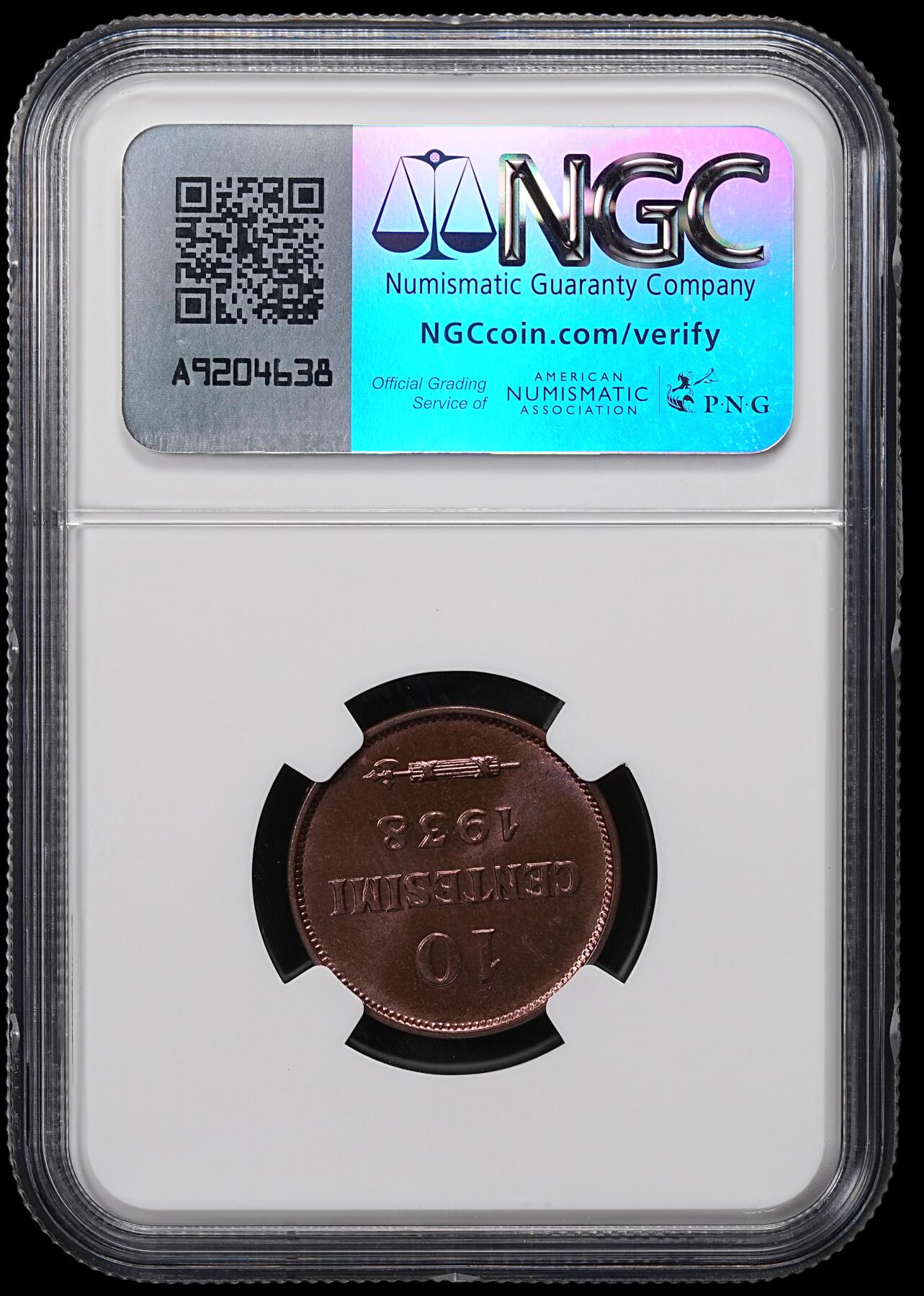 修遠堂世界钱币第八十四期 NGC MS64RB 1938年圣马力诺10分铜币
