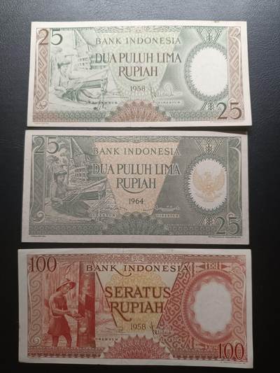 2025九月第二期（总第192期） - 【珠】印度尼西亚1958/1964版纸币批量三张UNC-，两个版本设计相同但做工相差很大