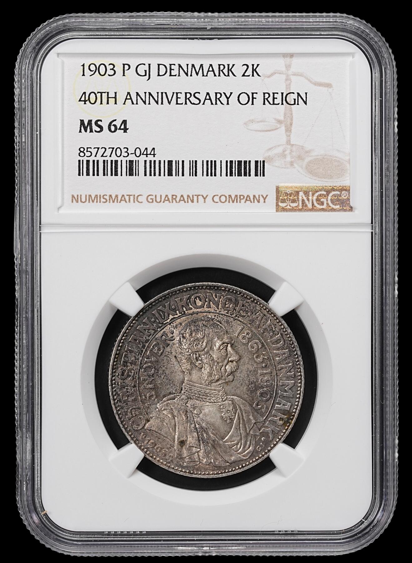 修遠堂世界钱币第八十四期 NGC MS64 1903年丹麦国王登基40周年纪念2克朗银币