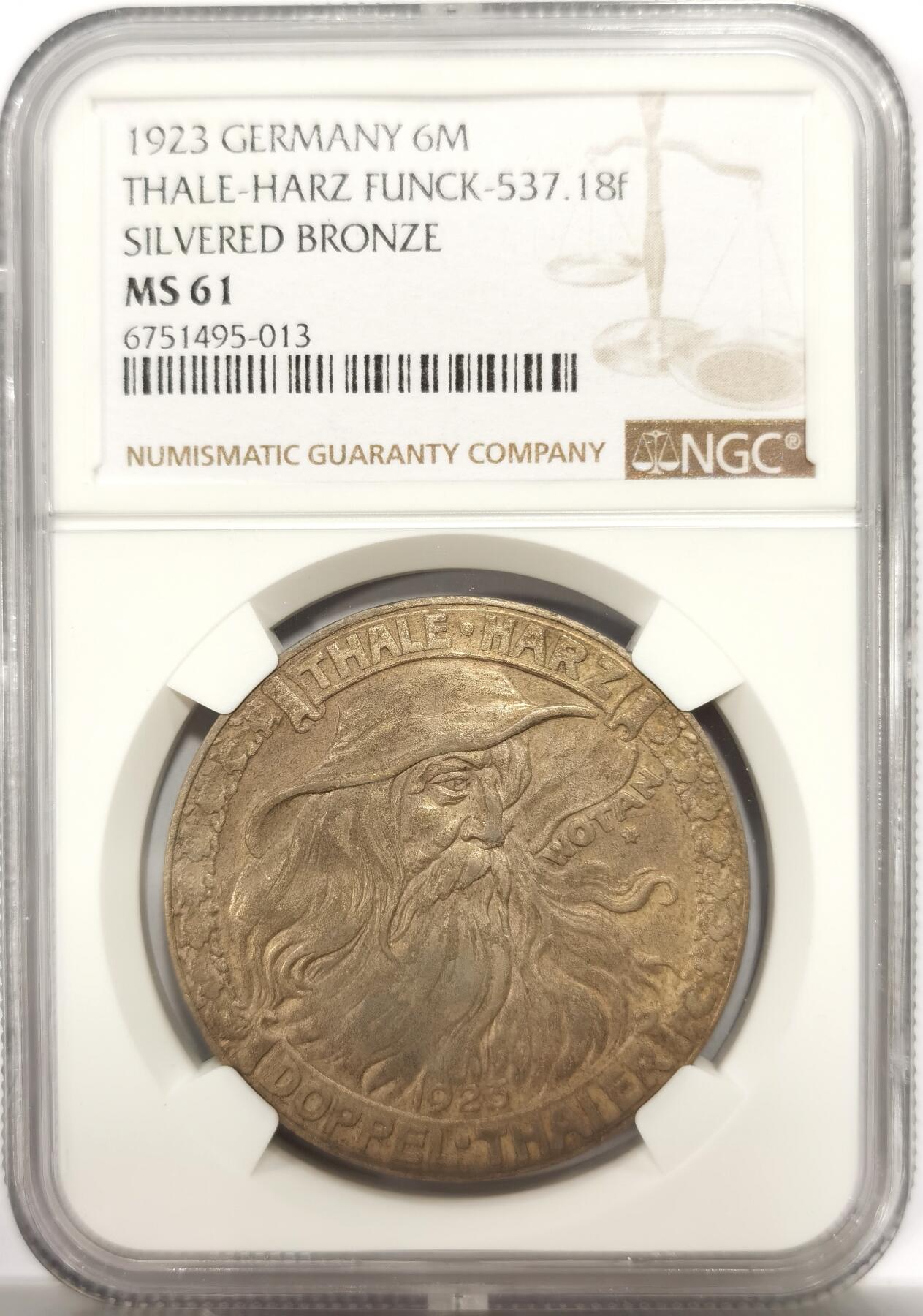 博洋堂世界钱币拍卖第139期（全场包邮） NGC MS61 德国1923年紧急状态时期塔勒哈茨地区2泰勒，也相当于6马克，镀银版，背面为北欧神话布伦希尔德神话故事骑马越山涧，这个镀银铜质版本比铜质版本更稀少，属于德紧系列中的不太常见的品种