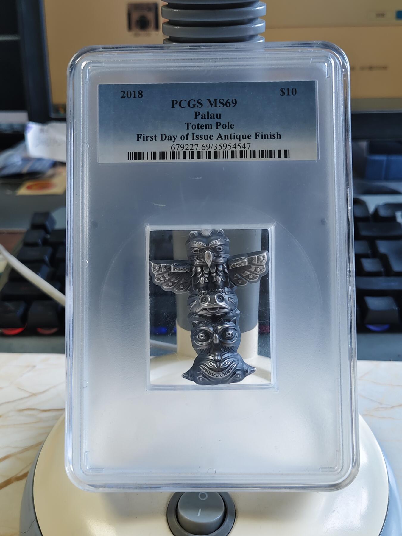 第175期拍卖【长期征集拍品】 帕劳2018年图腾柱3D异形仿古2盎司纪念银币PCGS-MS69首无盒证书，999银，发行499枚