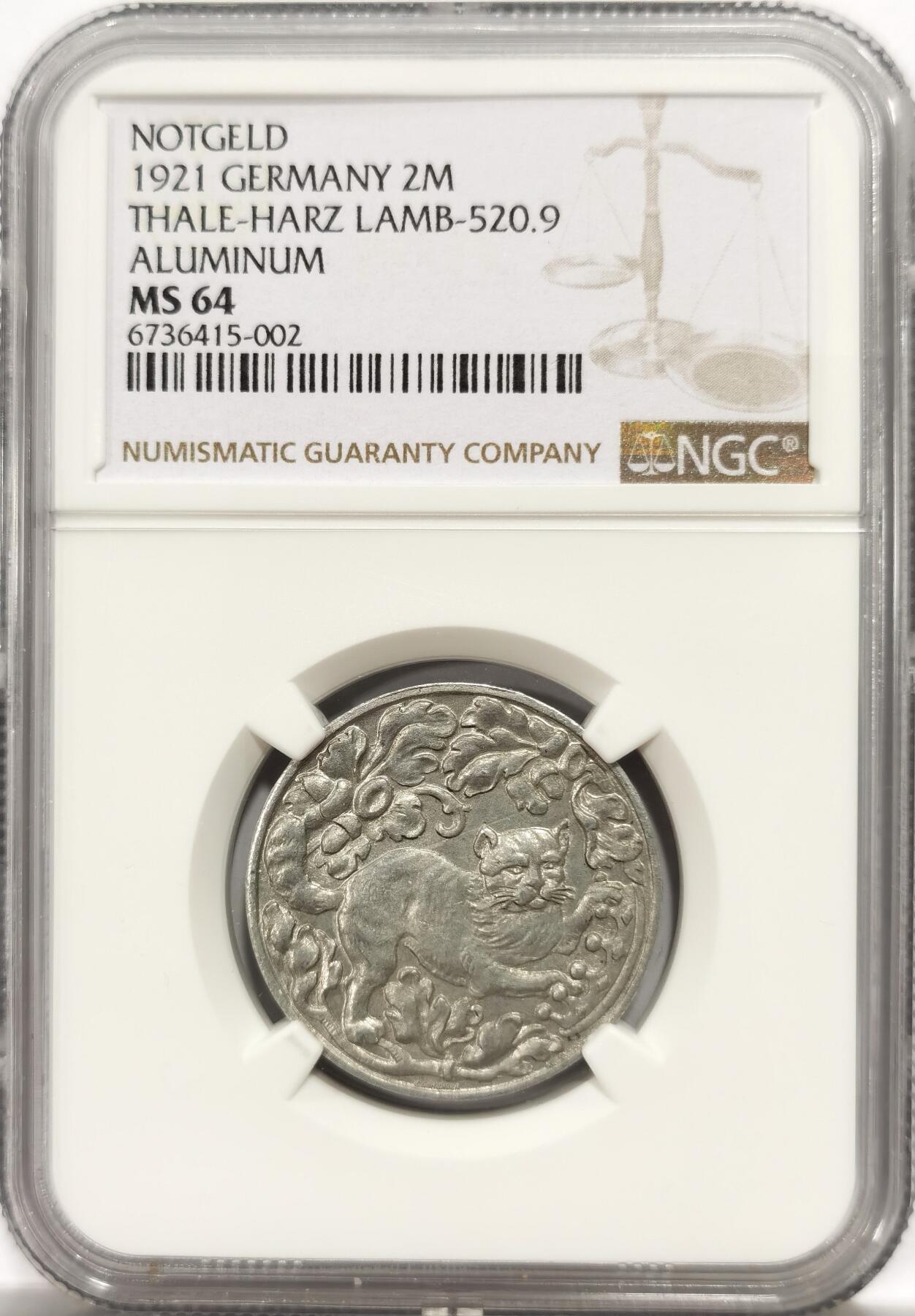 博洋堂世界钱币拍卖第139期（全场包邮） NGC MS64 德国1921年紧急状态塔勒哈茨地区小猫2马克，品相和保存状态完好高分很难得