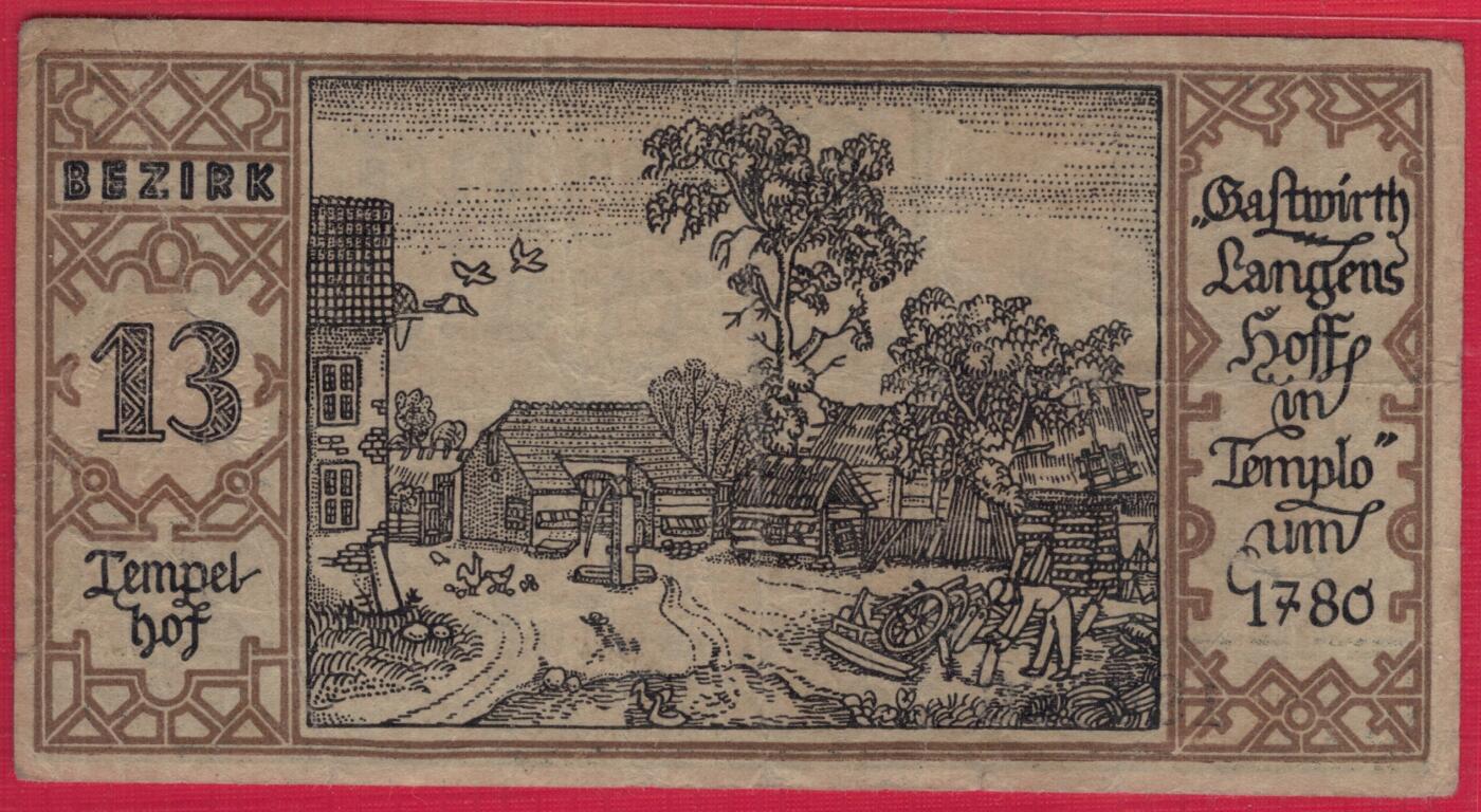 德国柏林市政券1921年9月9日50芬尼(魏玛共和国紧急状态币) 背柏林市第13区滕珀尔霍夫约1780年的“兰根斯霍夫”酒馆 实物图 八五品