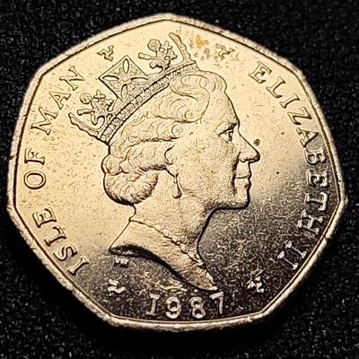 泉币菌-第107场-精品福利场 少见品种 原光UNC 英属马恩岛1987年20便士 大西洋鲱鱼 女王高冠 铜镍 21mm