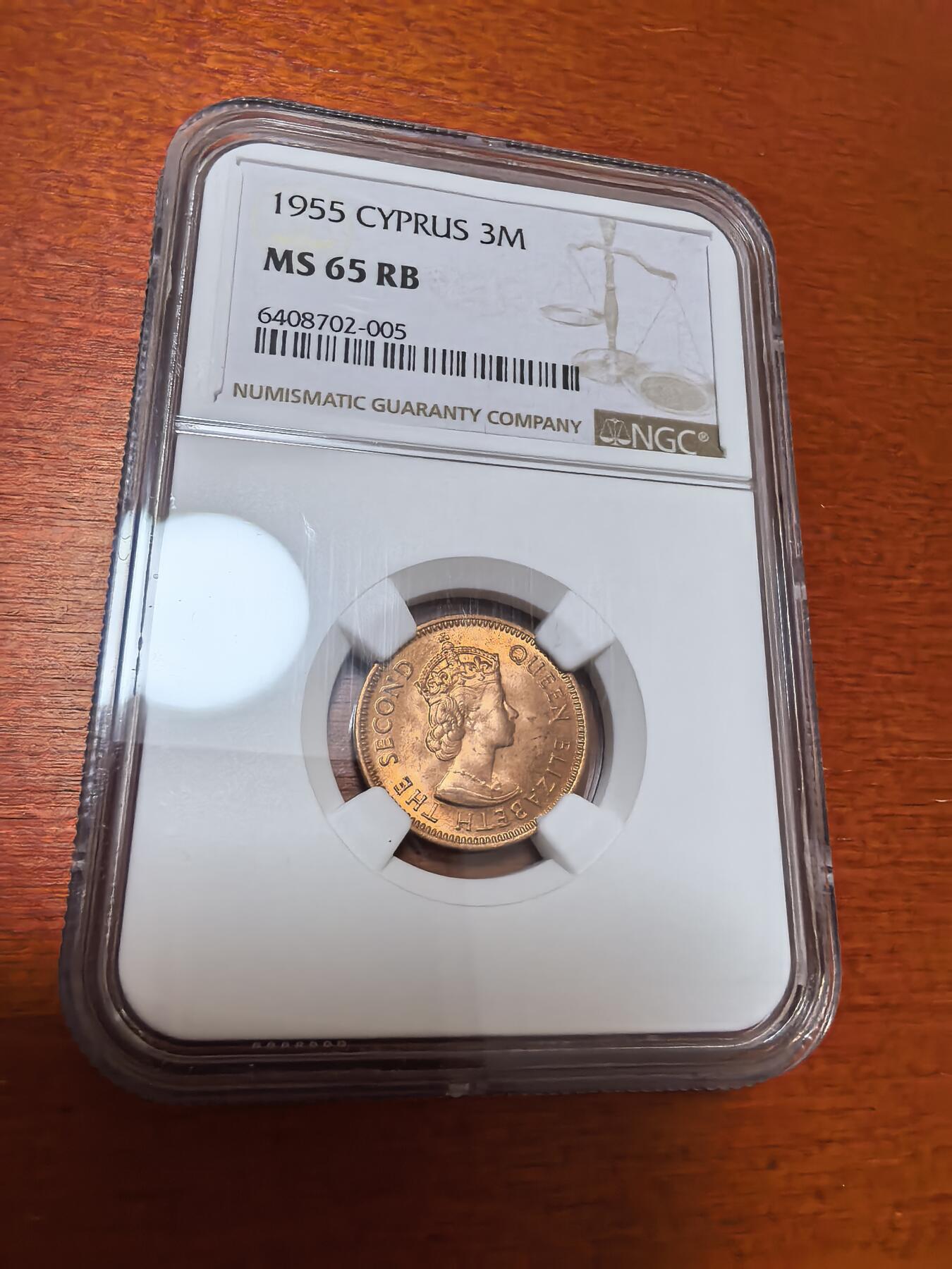 长老汇蛇年精选第四十四场拍卖 1955塞浦路斯3米尔铜币，NGC MS65RB，亚军，更高9枚，官网同分65美金