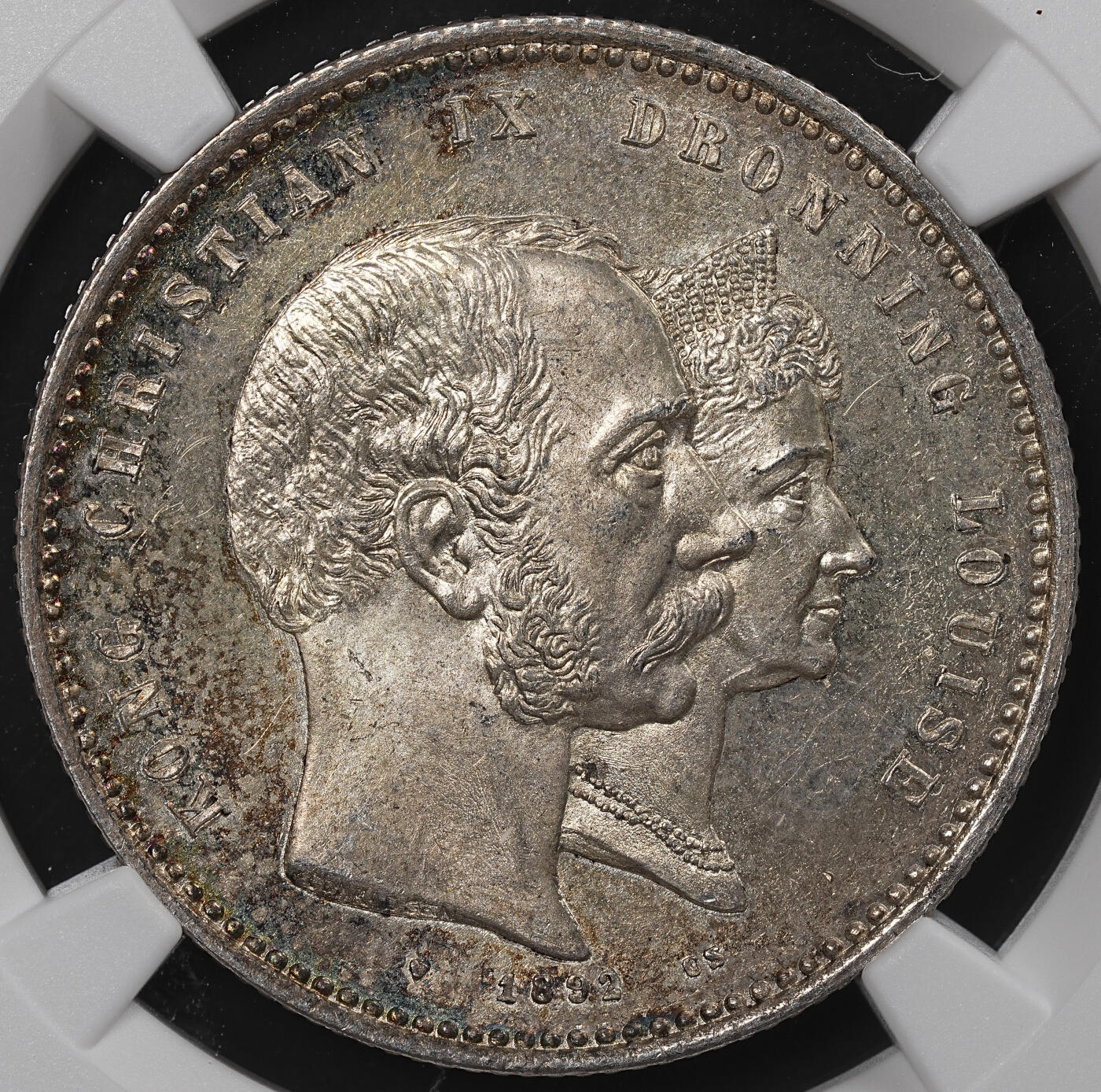 修遠堂世界钱币第八十四期 NGC MS63 1892年丹麦国王金婚纪念2克朗银币