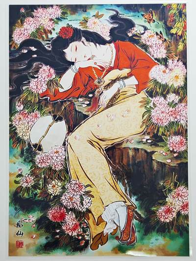 白泽拍卖卡牌手绘专场第24期（持续征集ING，白露暧秋色，月明清漏中） - 2024 焱卡文化 中福卡博会特典 湘云卧芍A4版画  彫仙亲签 背面加盖上海中福特色专属章