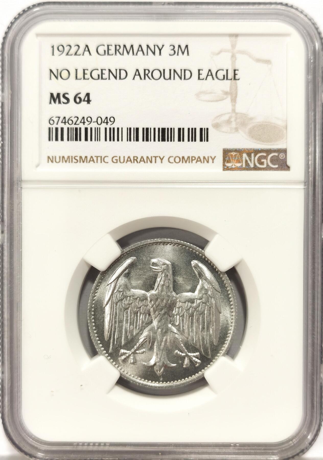 博洋堂世界钱币拍卖第139期（全场包邮） NGC MS64 德国魏玛共和国1922年无字版3马克铝币