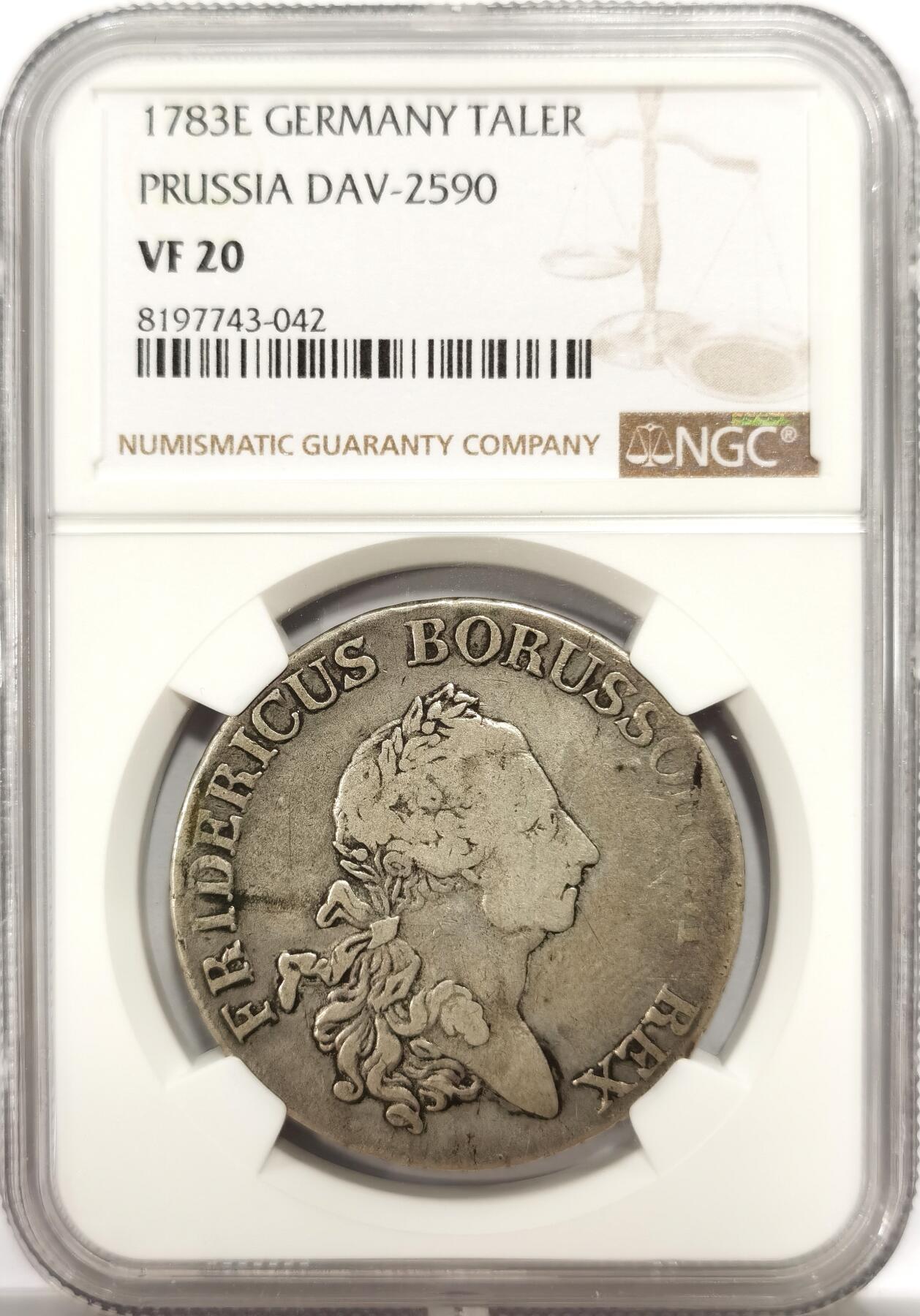 博洋堂世界钱币拍卖第139期（全场包邮） NGC VF20 德国普鲁士1783年E版腓特烈大帝炮鹰1泰勒银币 NGC唯一评级出分记录 此枚铸于柯尼斯堡厂 极为少见 值得德系藏家入藏的品种