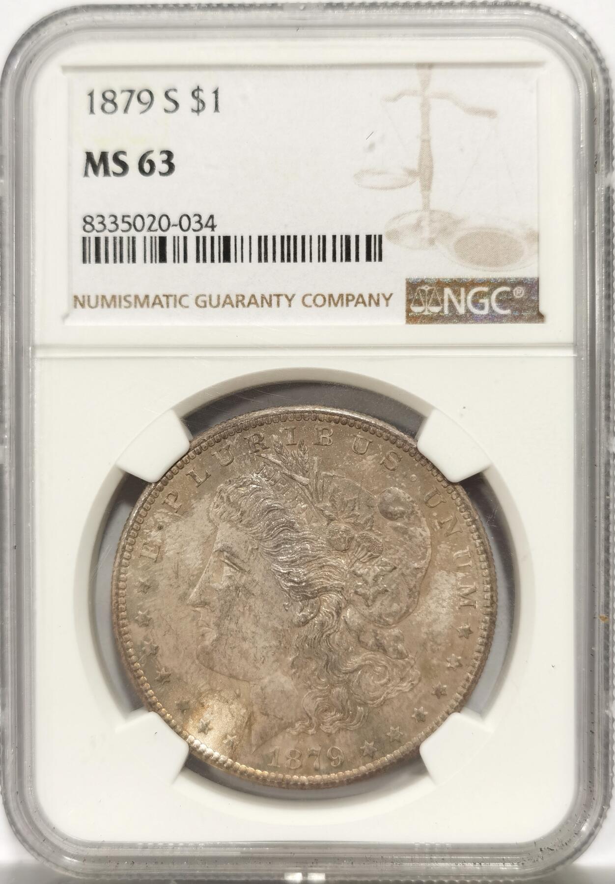 博洋堂世界钱币拍卖第139期（全场包邮） 美国1879年摩根银币S版NGC-MS63，原汁原味老包浆，包浆醇厚，味道币味道足，正反阴阳币，原封拆卷，状态极佳。