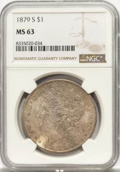 博洋堂世界钱币拍卖第139期（全场包邮） - 美国1879年摩根银币S版NGC-MS63，原汁原味老包浆，包浆醇厚，味道币味道足，正反阴阳币，原封拆卷，状态极佳。