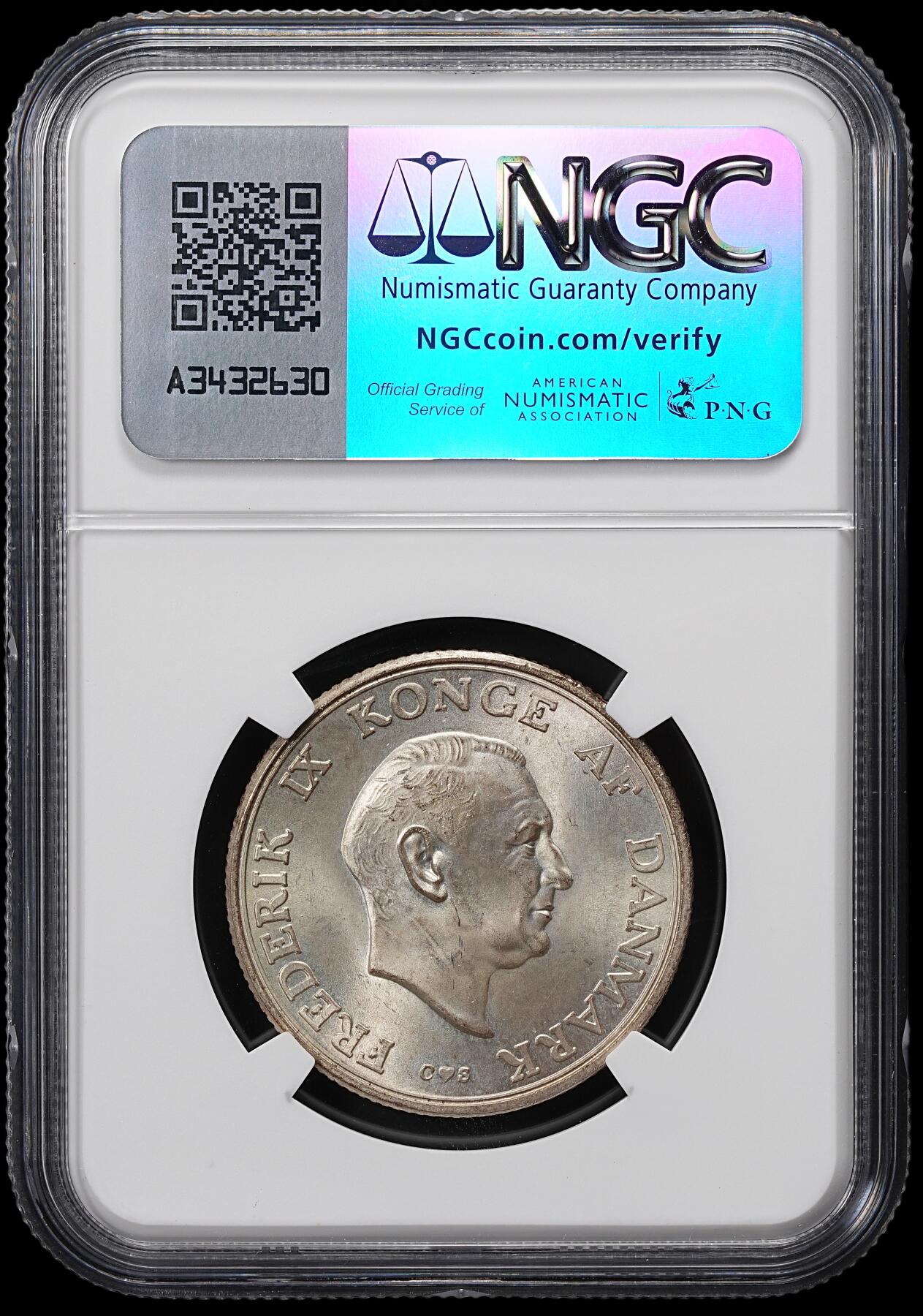修遠堂世界钱币第八十四期 NGC MS65 1958年丹麦玛格丽特公主18周岁纪念2克朗银币