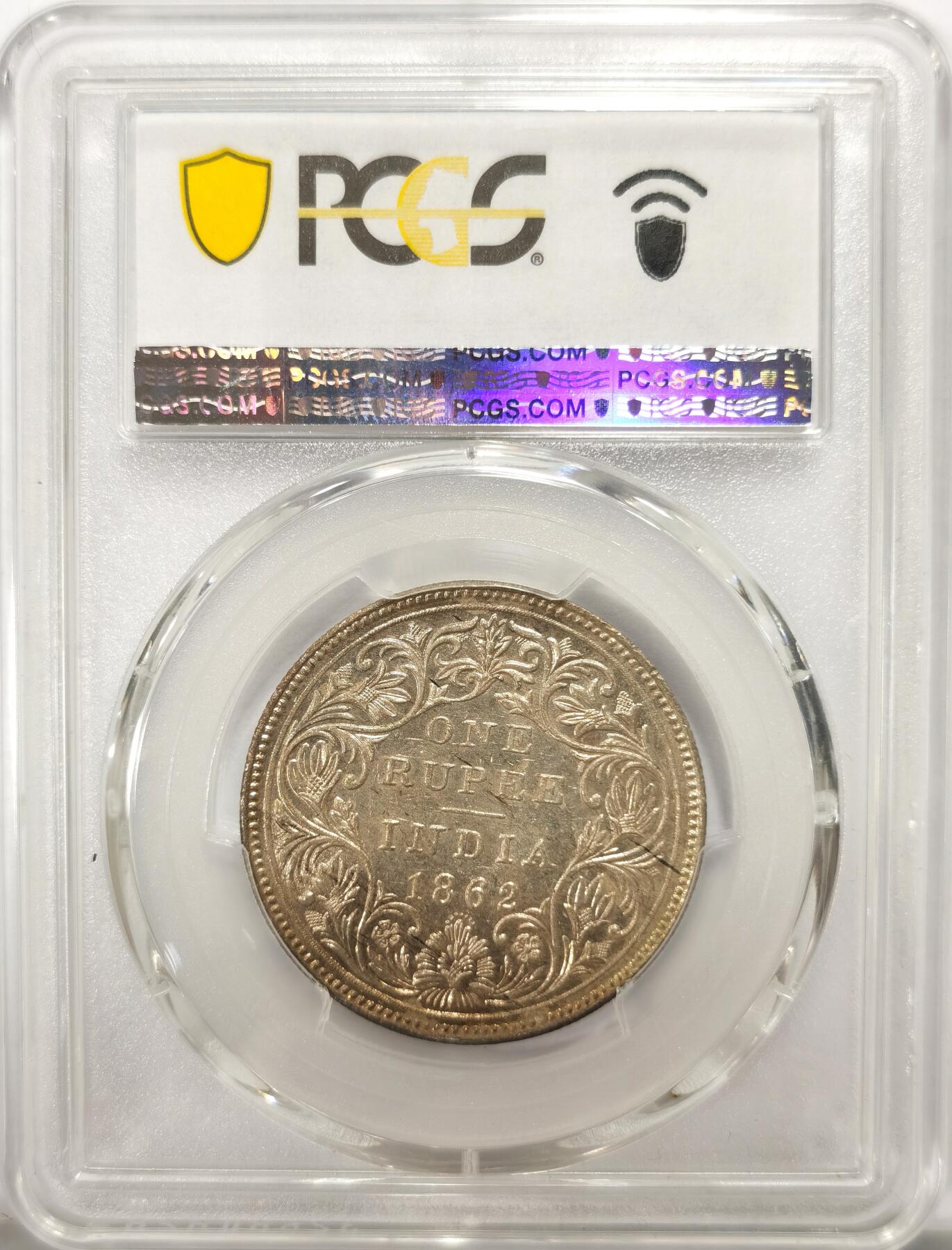 博洋堂世界钱币拍卖第139期（全场包邮） PCGS MS62 英属印度1862年维多利亚1卢比银币，少见黄油包浆七点版