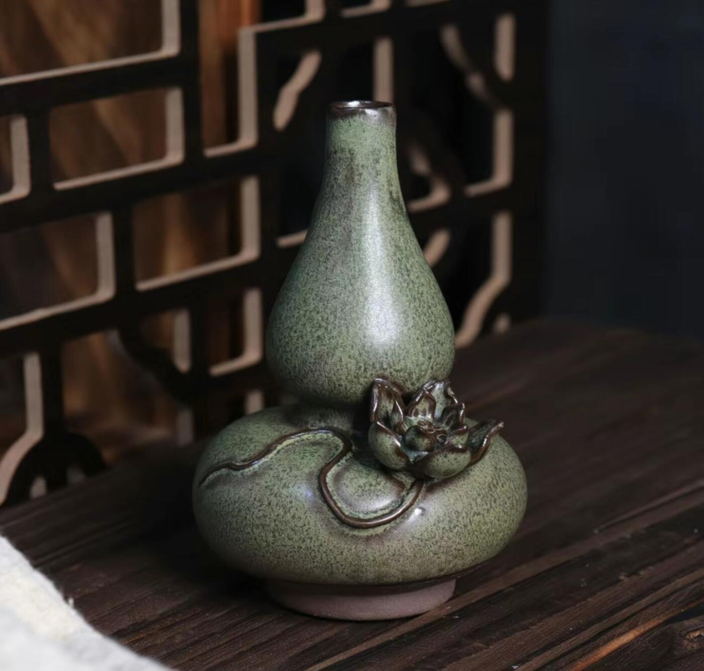 仿古陶瓷小花瓶专场 复古墨绿小葫芦花瓶