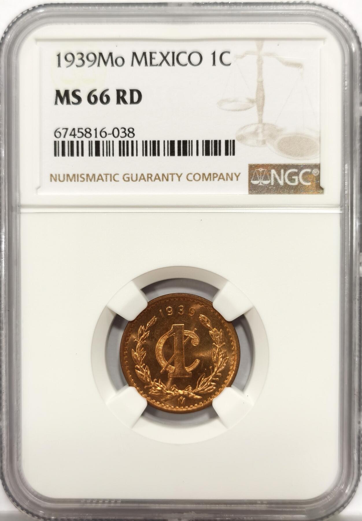 博洋堂世界钱币拍卖第139期（全场包邮） NGC MS66RD 墨西哥1939年小鹰洋1分铜币，极致RD状态