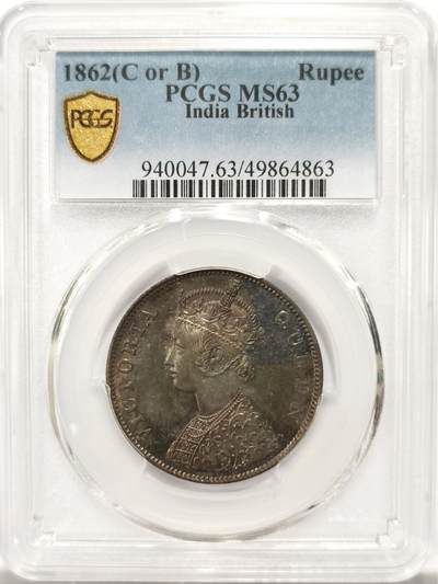 博洋堂世界钱币拍卖第139期（全场包邮） - PCGS MS63 英属印度1862年维多利亚1卢比银币，黑彩包浆