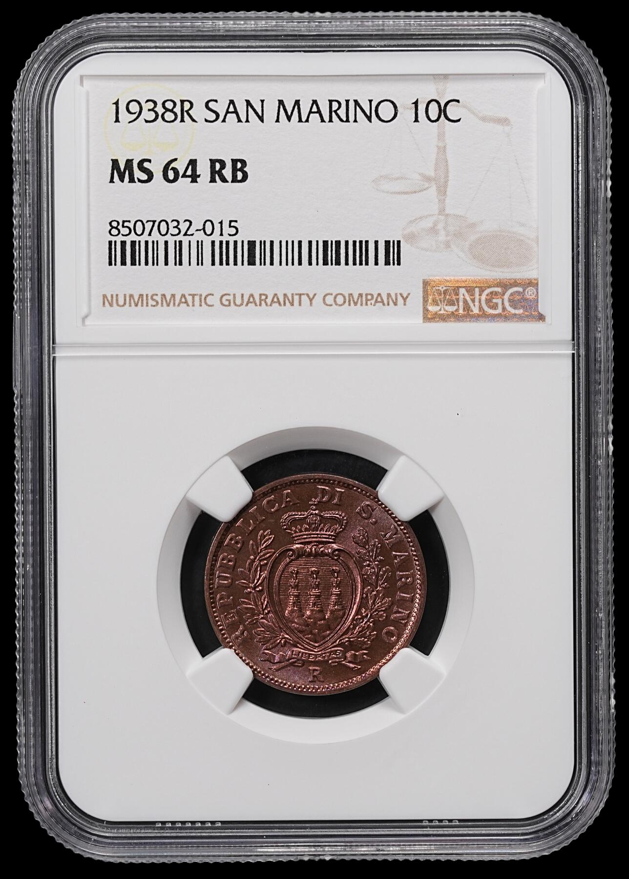 修遠堂世界钱币第八十四期 NGC MS64RB 1938年圣马力诺10分铜币