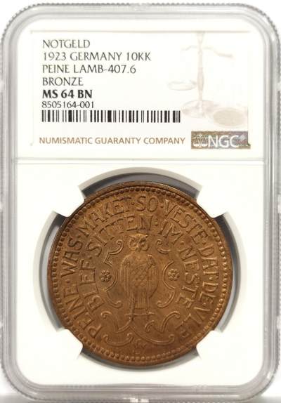 博洋堂世界钱币拍卖第139期（全场包邮） - NGC MS64 德国1923年紧急状态时期派內地区铜币，面值1000kp，神秘的猫头鹰以及当地的传说具有几分神秘色彩，属于德紧系列中的精品