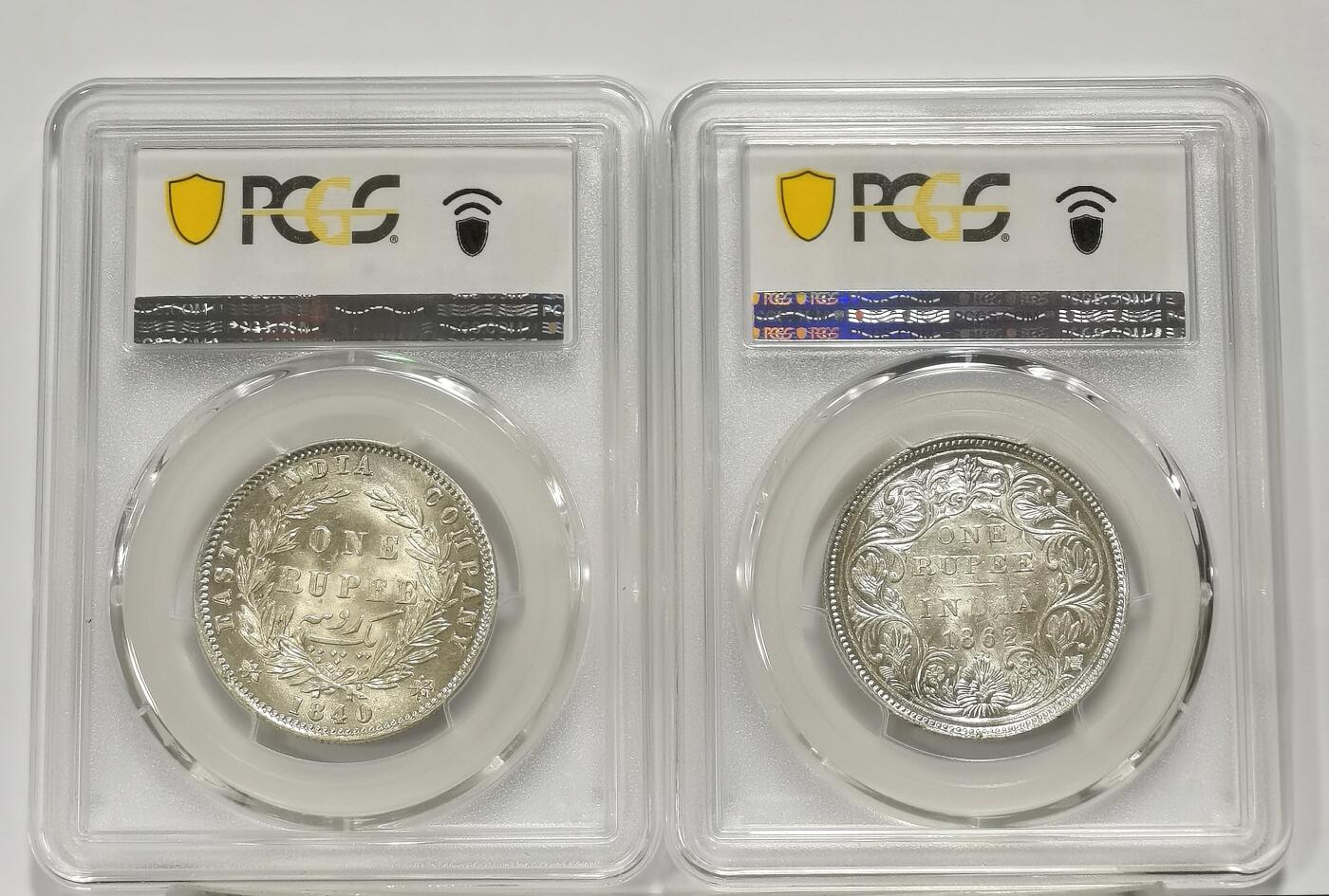 博洋堂世界钱币拍卖第139期（全场包邮） PCGS MS62 英属印度1840、1862年维多利亚1卢比银币2枚一对1
