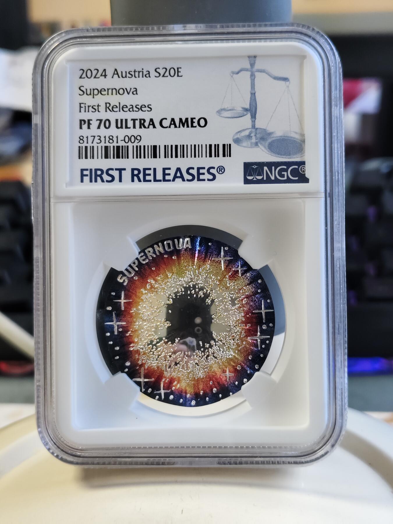 第175期拍卖【长期征集拍品】 克劳斯获奖奥地利2024年宇宙之美超新星凹凸面银币NGC-PF70首无原盒证书，925银，22.42克，发行30000枚。
