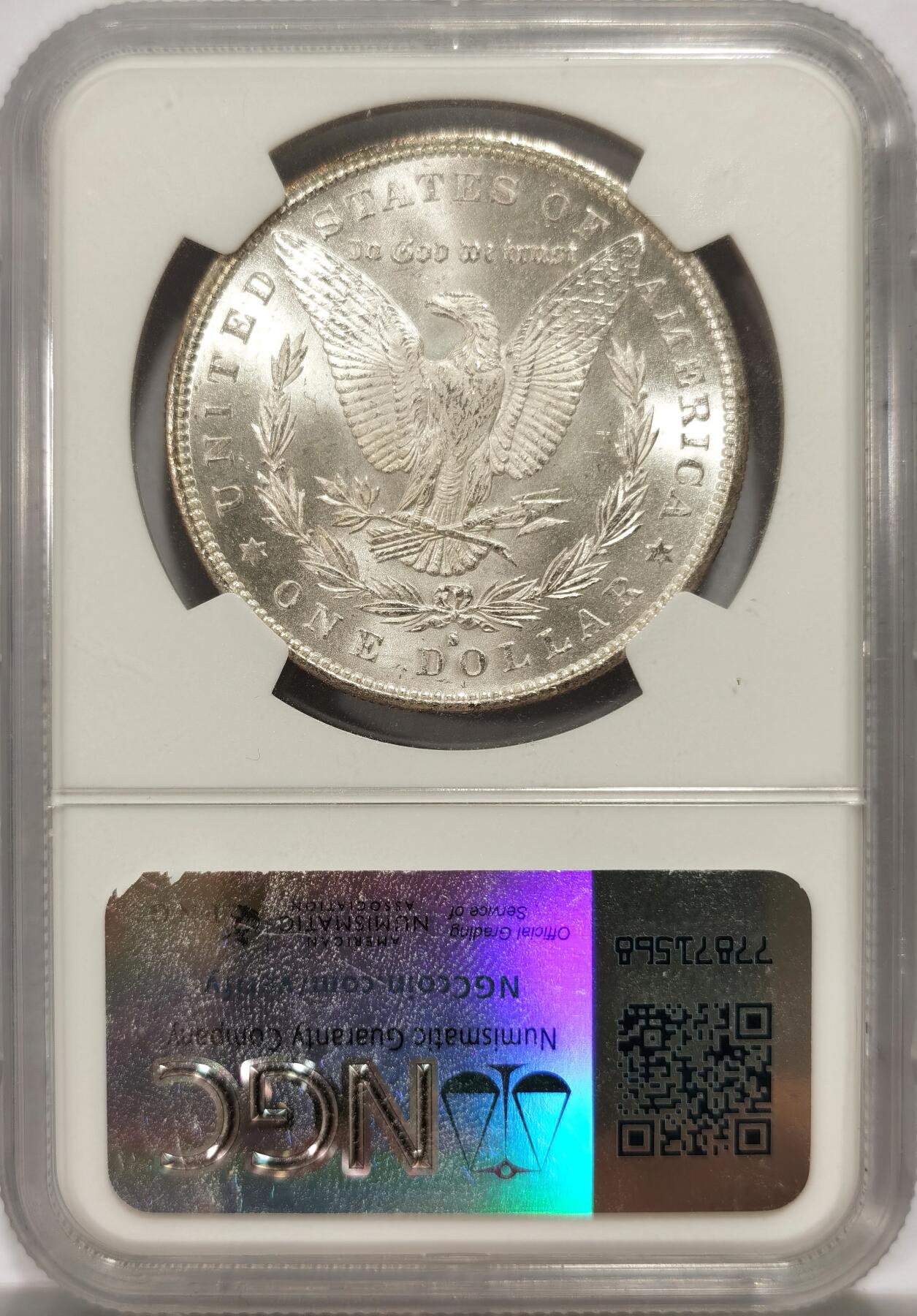 博洋堂世界钱币拍卖第139期（全场包邮） 美国1879年摩根银币S版NGC-MS63，原汁原味老包浆，包浆醇厚，味道币味道足，正反阴阳币，原封拆卷，状态极佳。