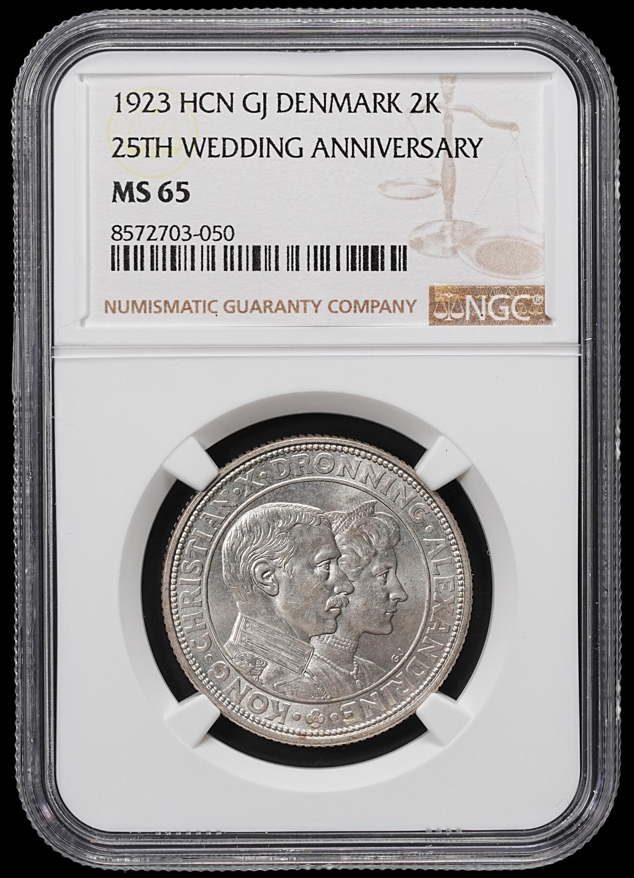 修遠堂世界钱币第八十四期 NGC MS65 1923年丹麦国王银婚纪念2克朗银币